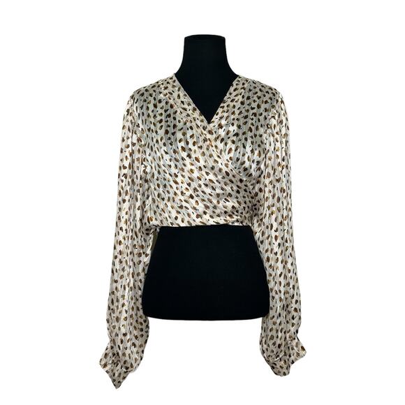 Saints & Hearts Cream brown print wrap front tie sleeves blouse size Medium - Picture 15 of 15